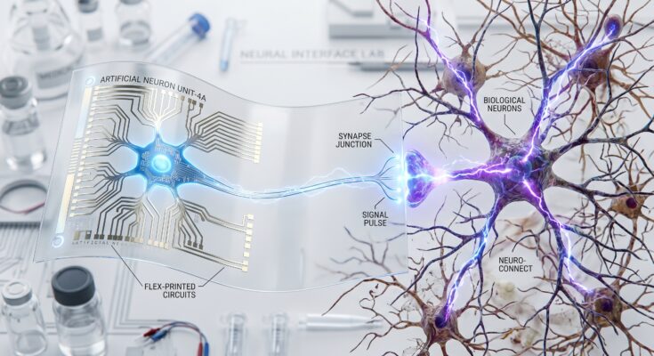 "Artificial printed neuron on flexible polymer communicating with living brain cells via electrical signals — Northwestern University 2026 breakthrough"